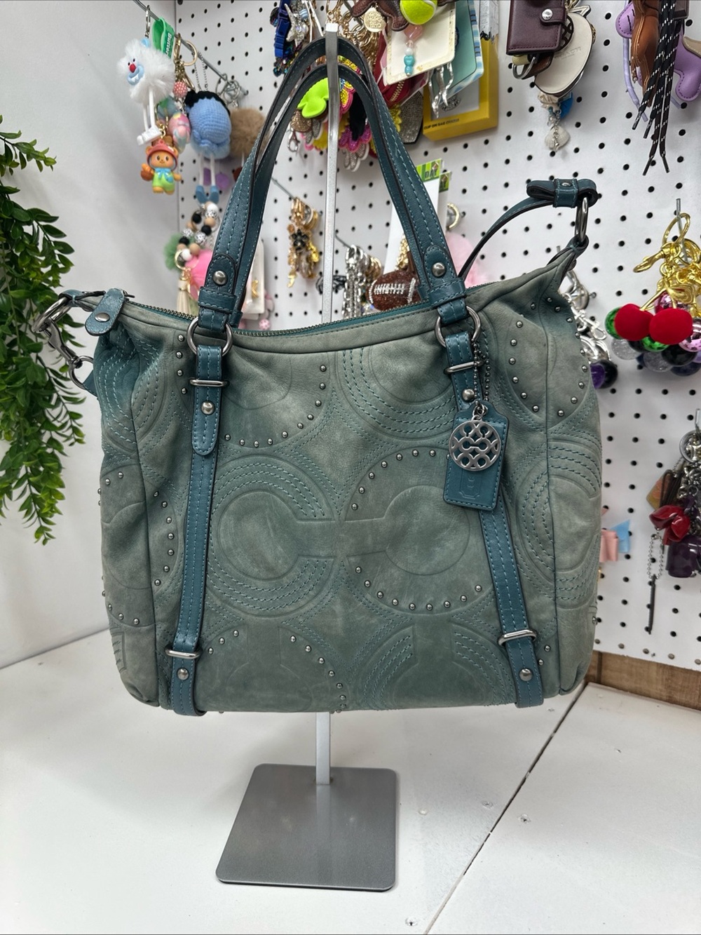 Coach Alexandra Satchel Petrol Blue Suede Studded Signature C Bag 15276